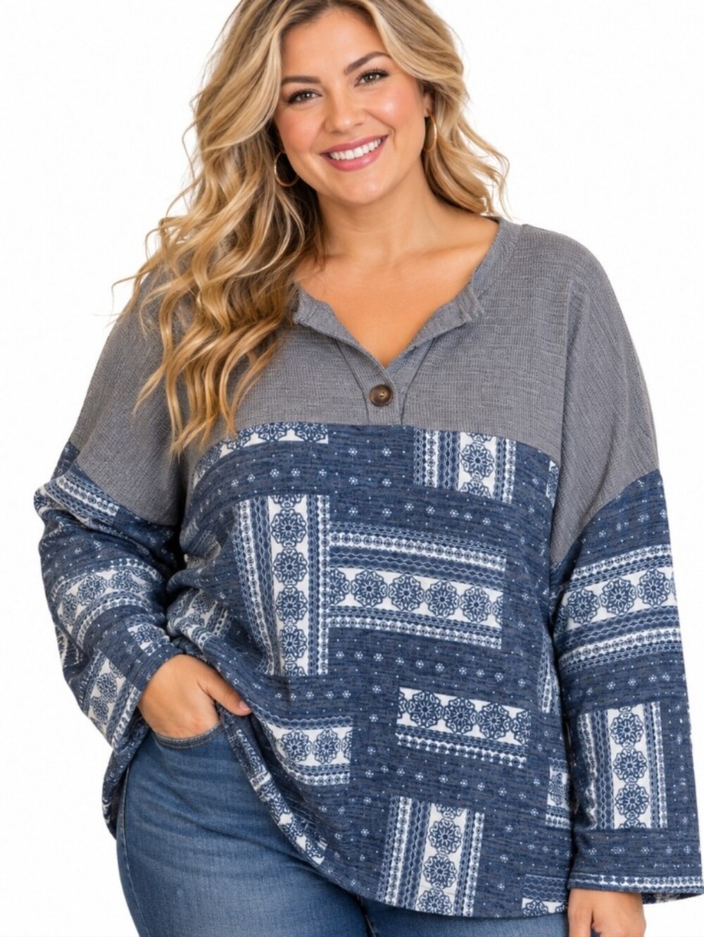 Grace & Emma Women’s 3XL Blue Gray Boho Patchwork Henley Top